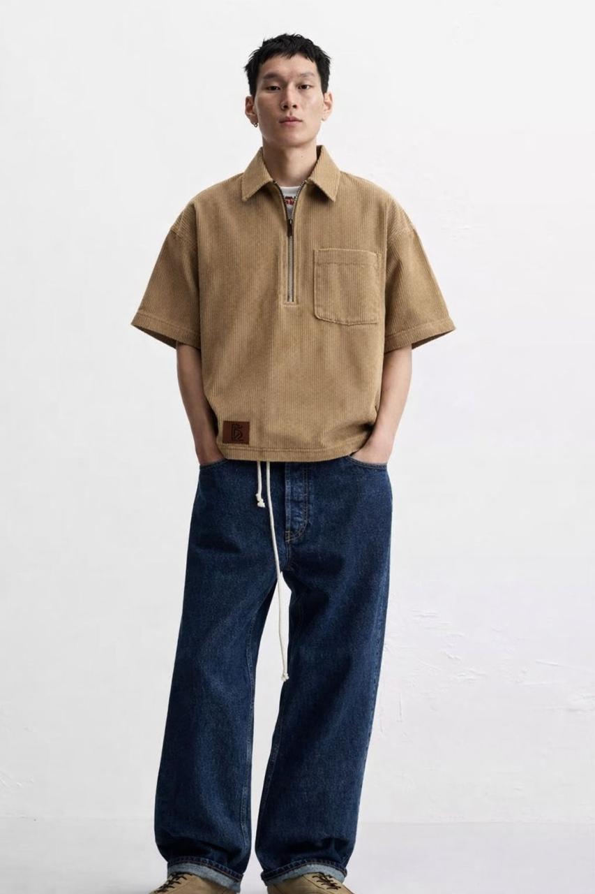 Textured Corduroy Quarter-Zip Polo - Camel Tan