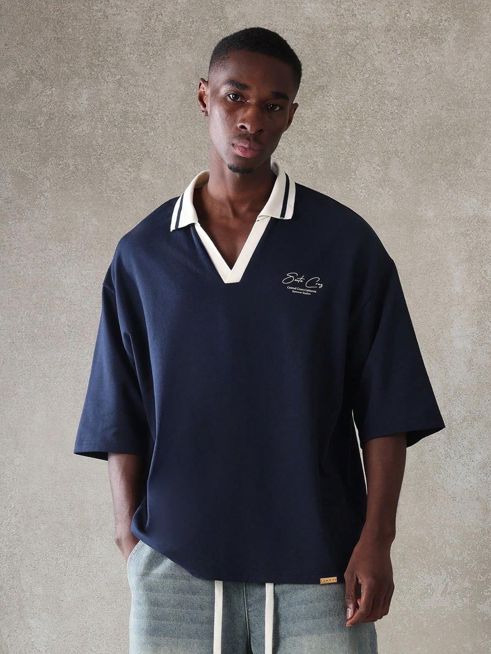 Heavyweight V-Neck Boxy Polo - Midnight Navy